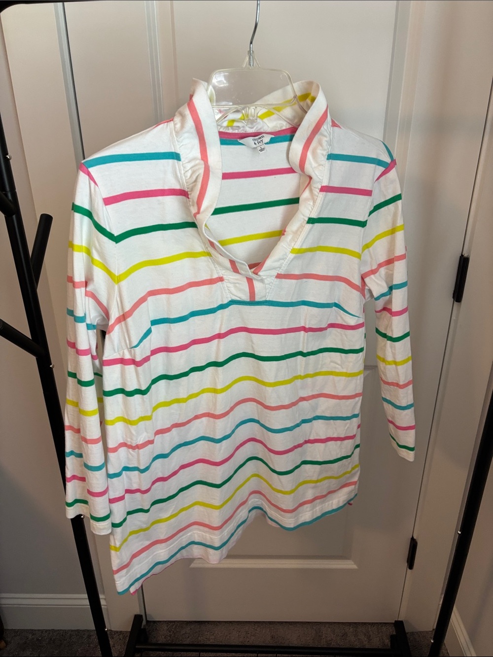 crown & ivy White Long-Sleeve V-Neck Top with Pink, Teal, Green, Yellow Stripes